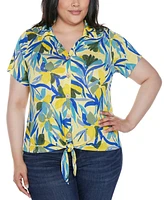 Belldini Plus Tropical Tie-Front Knit Top