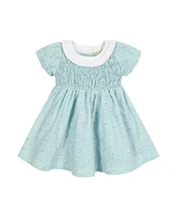 Hope & Henry Baby Short Sleeve Linen Dress with Ruffle Collar and Bonnet Boxed Gift Set