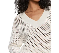 Sanctuary Women's Airy Openwork Cotton V-Neck Sweater