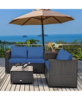 Gymax 8PCS Cushioned Rattan Patio Conversation Set w/ Side Table Navy Cushion