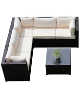 Gymax 6PCS Rattan Patio Sectional Sofa Conversation Set Outdoor w/ Beige Cushions