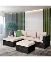 Gymax 5PCS Rattan Patio Conversation Set Outdoor Furniture Set w/ Ottoman Cushion