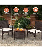 Gymax 3PCS Outdoor Patio Bistro Set Pe Rattan Conversation Set w/ Umbrella Hole