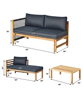 Gymax 3PCS Patio Acacia Wood Sofa Furniture Set Thick Cushion W/ Nylon Rope Armrest