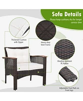 Gymax 3PCS Patio Conversation Furniture Set Pe Rattan Sofa Set W/Wood Top Table