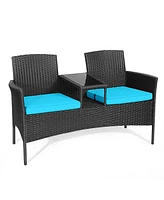 Gymax Rattan Wicker Patio Conversation Set w/ Table Turquoise Cushion