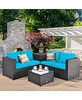 Gymax 4PCS Cushioned Rattan Patio Conversation Set w/ Side Table Turquoise Cushion