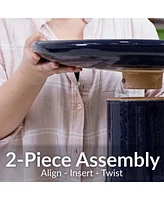 21" H Ceramic Bird Bath for Outside - Hand-Painted Outdoor Bird Bath Bowl, Uv/Frost-Resistant Finish - Midnight Blue - Ribbed Pedestal