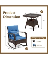 Gymax 3 Piece Outdoor Rocking Set Rattan Rocker Chairs w/ Tempered Glass Coffee Table