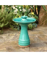 LuxenHome Aqua Glazed Ceramic 22-In Tall Birdbath Fountain