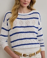 Lauren Ralph Petite Striped Pointelle Cotton-Blend Sweater