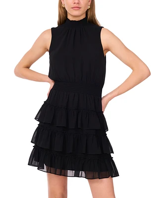 1.state Women's Smocked Sleeveless Mock Neck Tiered Mini Dress
