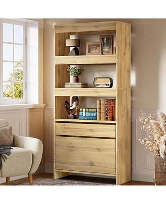 Tribesigns Modern 71" Tall Book Shelf with Storage, Bookshelf with File Cabinet and Drawers, Oak Bookcase for Home Office, Living Room