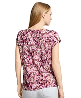 Jones New York Petite Floral-Print Keyhole Cap-Sleeve Top