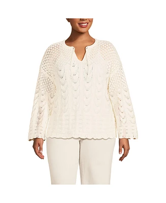 Lands' End Plus Cotton Boucle Pointelle Notch Neck Sweater