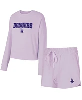 Concepts Sport Women's 3-Piece Lavender Los Angeles Dodgers Elevation Tri-Blend Long Sleeve T-Shirt and Shorts Set