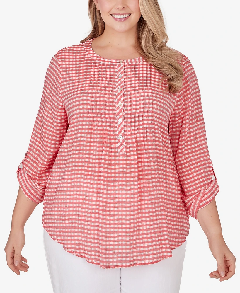 Ruby Rd. Plus Size Gingham Silky Henley Crew Neck Top