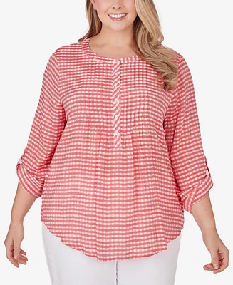 Ruby Rd. Plus Size Gingham Silky Henley Crew Neck Top