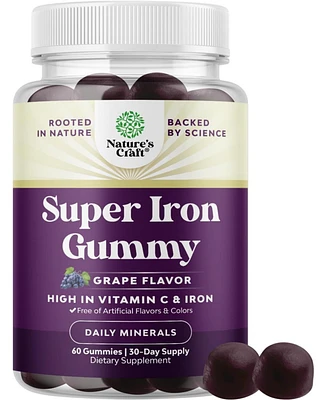 Super Iron Gummy | Chewable Iron Supplement for Women and Men with Vitamin C | Grape Flavor| 60ct