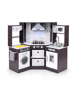 Wooden Kids Play Kitchen Playset with Realistic Lights and Sounds