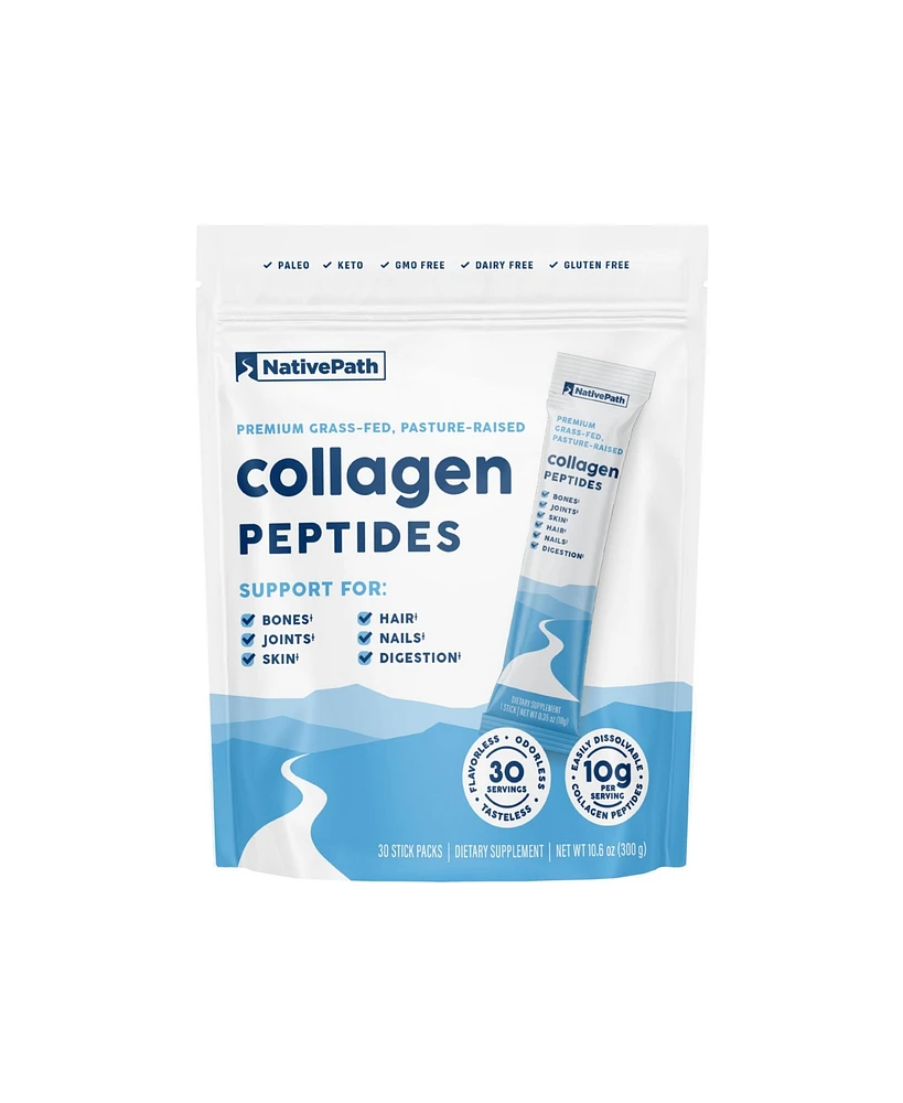 NativePath Collagen Peptides Protein Stick Packs - Hydrolyzed Type 1 & 3 Collagen Powder for Skin, Hair, Nails - 30 Servings