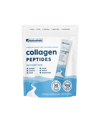 NativePath Collagen Peptides Protein Stick Packs - Hydrolyzed Type 1 & 3 Collagen Powder for Skin, Hair, Nails - 30 Servings