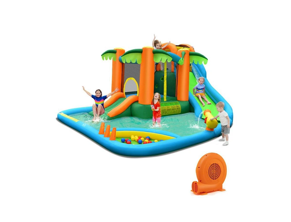 7-in-1 Inflatable Water Slide Park with Trampoline Climbing and 680W Blower