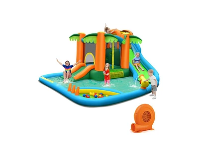 7-in-1 Inflatable Water Slide Park with Trampoline Climbing and 680W Blower
