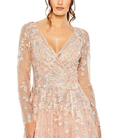 Mac Duggal Women's Embellished Wrap Over Illusion Long Sleeve A Line