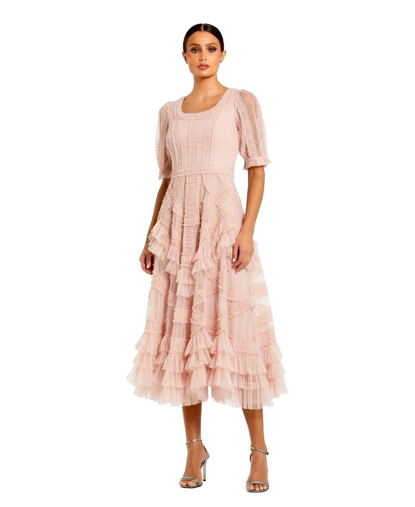 Women's Short Sleeve Mesh Mirco Ruffle Midi Dress