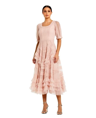 Women's Short Sleeve Mesh Mirco Ruffle Midi Dress