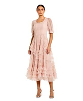Women's Short Sleeve Mesh Mirco Ruffle Midi Dress