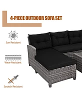 4 Pieces Patio Rattan Sofa Furniture Set with Cushion and 2-Tier Coffee Table