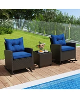 3-Piece Patio Rattan Roker Chairs with Tempered Glass Table and Soft Cushions
