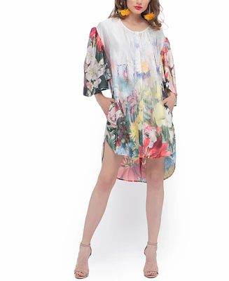Terese Sydonna Women's Belted Floral Print Butterfly Sleeve Hi-Lo Charmeuse Dress