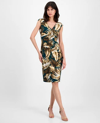 Connected Women's Printed Cap-Sleeve Faux-Wrap Sheath Dress