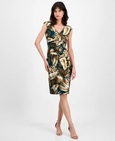 Connected Women's Printed Cap-Sleeve Faux-Wrap Sheath Dress