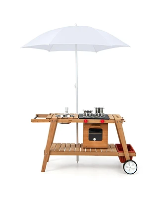 Wooden Play Cart with Sun Proof Umbrella for Toddlers Over 3 Years Old