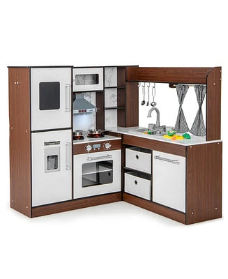 Wooden Corner Play Kitchen with Water Circulation System and Lights