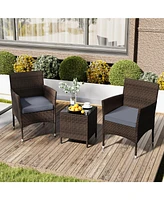 3 Pieces Outdoor Conversation Set with Cushioned Seat and Glass Tabletop