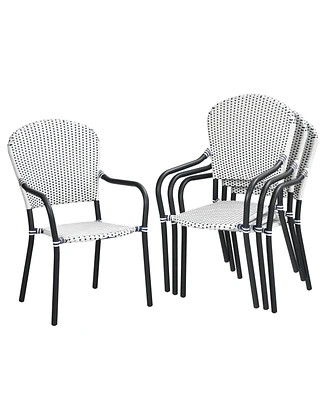 Gymax Set of 4 Patio Rattan Dining Chairs Stackable Armrest No Assembly
