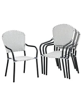 Gymax Set of 4 Patio Rattan Dining Chairs Stackable Armrest No Assembly
