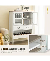 Gymax 2-Door Liquor Coffee Bar Cabinet Freestanding Buffet Sideboard Wine Rack Drawers