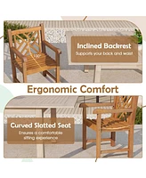 Teak Wood Patio Dining Chair with Slatted Seat Cross-Rhombus Backrest and Solid Legs
