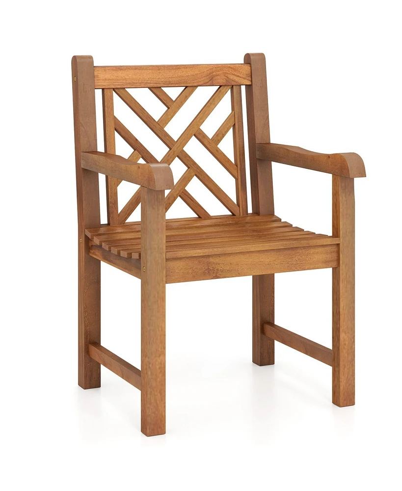 Teak Wood Patio Dining Chair with Slatted Seat Cross-Rhombus Backrest and Solid Legs