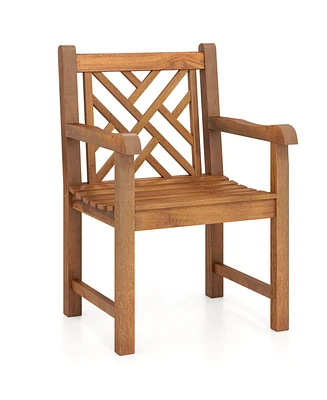 Teak Wood Patio Dining Chair with Slatted Seat Cross-Rhombus Backrest and Solid Legs