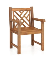 Teak Wood Patio Dining Chair with Slatted Seat Cross-Rhombus Backrest and Solid Legs