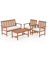 4 Pieces Acacia Wood Furniture Set with Seat Cushions and Robust Wood Frame