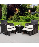 5 Pieces Patio Rattan Furniture Set with Ottoman and Tempered Glass Coffee Table-White