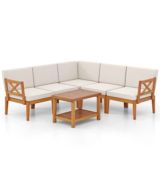 6 Pieces Acacia Wood Patio Furniture Set with Cushions and 2-Tier Coffee Table-White